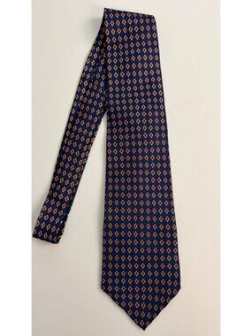 Cromley & Finch Navy Blue Silk Tie With Red & Yellow Diamond Print Handmade